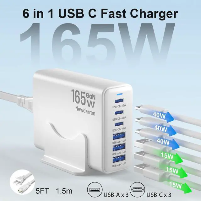 Alt view image 8 of 12 - iPhone 17 Charger USB C Fast Charger Block, 3 Type C Port Each 40W Charger for iPhone 17 16 15 Pro Max Plus, Galaxy S25 S24 S23, iPad, Tablet, Total 165W GaN 6 Port Wall Charging Station Hub Adapter
