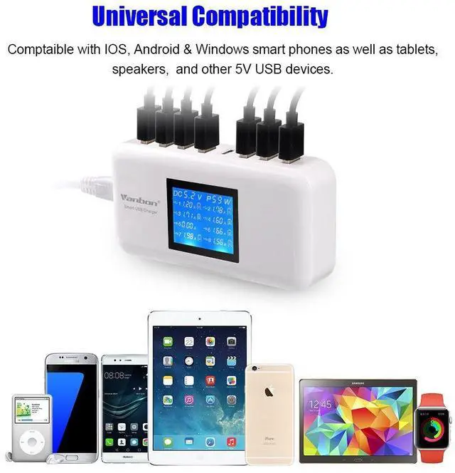 Alt view image 12 of 14 - 60W/12A 8-Port Desktop Charging Station Multiple USB, Multi Port Travel Fast Wall Charger Hub with LCD for Smart Phones, Tablet and More (White)