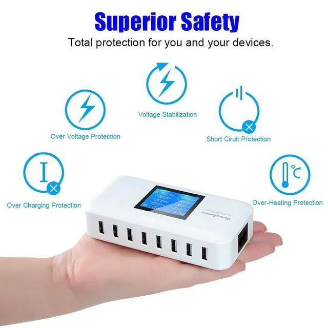Alt view image 13 of 14 - 60W/12A 8-Port Desktop Charging Station Multiple USB, Multi Port Travel Fast Wall Charger Hub with LCD for Smart Phones, Tablet and More (White)