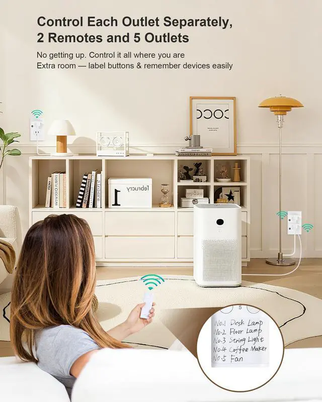 Alt view image 10 of 14 - Remote Control Outlet, 200FT Long Range Wireless Light Switch, Mini Remote Outlet Plug, 15A/1875W High-Power for Lamps, Lights, Household Appliances, FCC & ETL Listed (5 Outlets + 2 Remotes)
