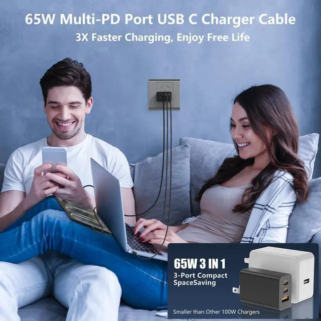 Alt view image 14 of 14 - 65W USB C Charger Block,3 Port GaN+ USB-C Wall Charger,100W PD Type C Multi Port Power Super Fast Charging Block Adapter&6FT Cable for Samsung Galaxy S26 Ultra/25/24,iPhone 17/16/15,iPad,MacBook