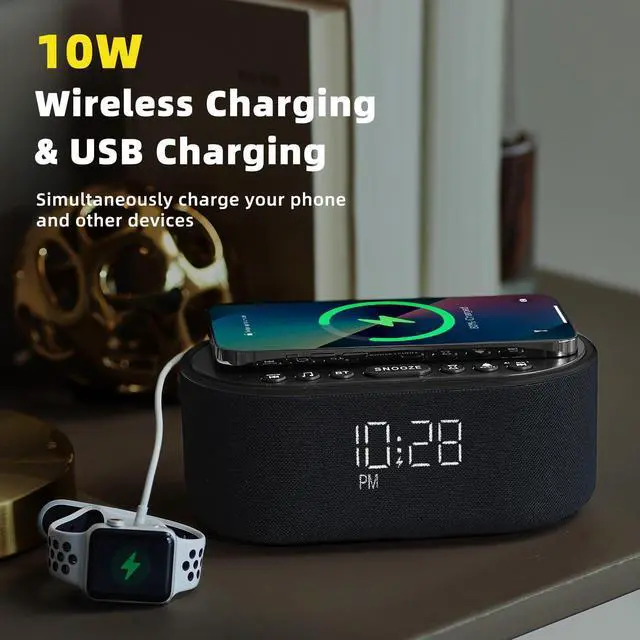 Alt view image 11 of 14 - Sound Machine Alarm Clock for Bedrooms: Bluetooth 10W Stereo Sound Speaker with Wireless Charging - White Noise Machine for Sleeping with 21 Soothing Sounds - Black