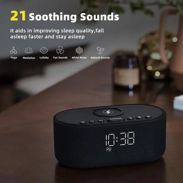 Alt view image 12 of 14 - Sound Machine Alarm Clock for Bedrooms: Bluetooth 10W Stereo Sound Speaker with Wireless Charging - White Noise Machine for Sleeping with 21 Soothing Sounds - Black