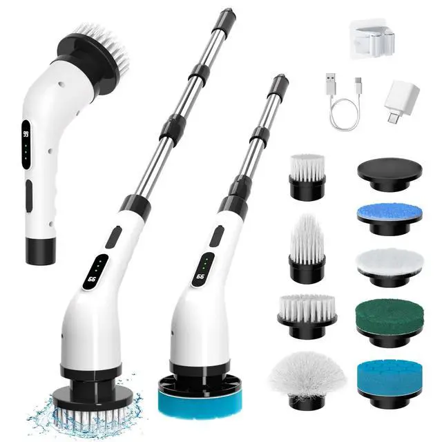 Alt view image 8 of 14 - Electric Spin Scrubber for Cleaning, 9 in 1 Changeable Bathroom Scrubber with Power Display, Long Cordless Cleaning Brush, Cordless Shower Cleaner Brush for Bathtub Kitchen Wall Cleaning