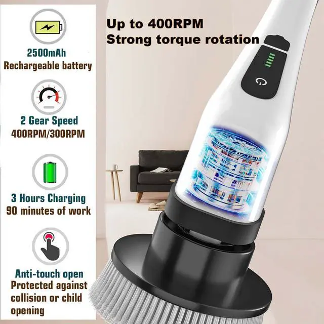 Alt view image 12 of 13 - Electric Spin Scrubber Scrub Brush, Rechargeable Cleaning Brush with 8 in 1 Replaceable Brush Heads, Cordless Power Spin Scrubber 90Mins for Bathroom Shower Bathtub Glass Car