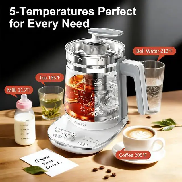 Alt view image 11 of 12 - 1200w Electric Kettle, 1.5L Borosilicate Glass tea kettle, Hot water kettle electric for Coffee or Tea, BPA Free, Auto Shut-Off, Stainless Steel, Fast Boil, White