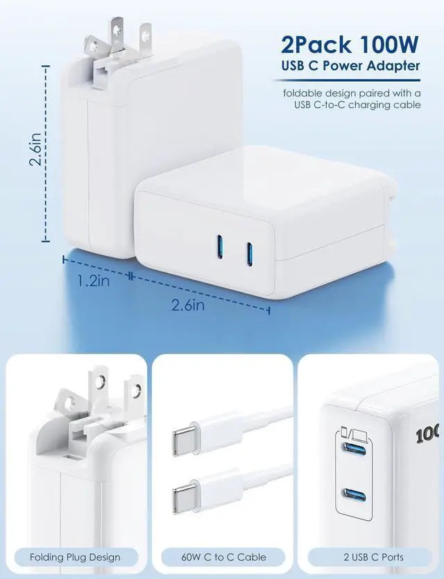 Alt view image 14 of 14 - MacBook Pro Charger,75W USB C Charger with Foldable Plug,Dual 75W Ports Fast Charging for MacBook Pro Air,iPad Pro,iPhone 17/16/15,Includes 6FT USB C to C Cables - White