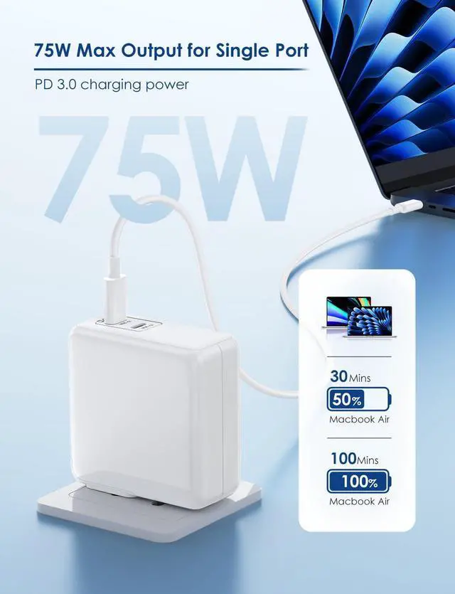 Alt view image 10 of 14 - MacBook Pro Charger,75W USB C Charger with Foldable Plug,Dual 75W Ports Fast Charging for MacBook Pro Air,iPad Pro,iPhone 17/16/15,Includes 6FT USB C to C Cables - White
