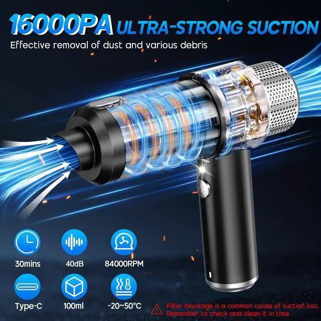 Alt view image 10 of 13 - Handheld Car Vacuum Cleaner, 16000PA Hand Held Vacuum Portable Cordless, 2 in 1 Air Duster and Vacuum Cleaner with LED Light, Multi-Nozzles, 120W High Power Mini Vacuum for Home, Pet, Office