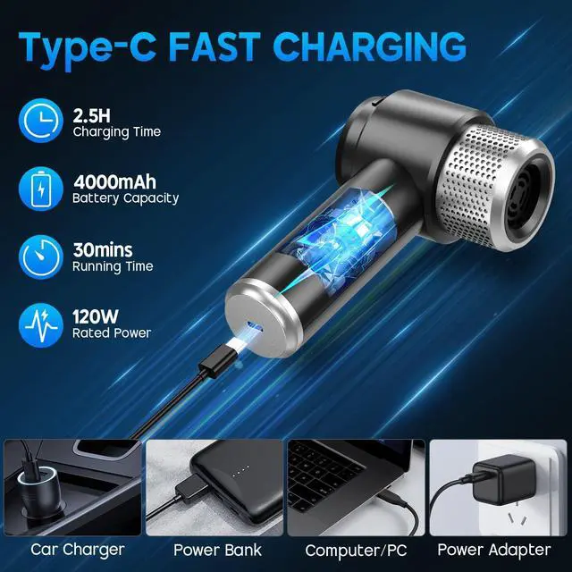 Alt view image 11 of 13 - Handheld Car Vacuum Cleaner, 16000PA Hand Held Vacuum Portable Cordless, 2 in 1 Air Duster and Vacuum Cleaner with LED Light, Multi-Nozzles, 120W High Power Mini Vacuum for Home, Pet, Office