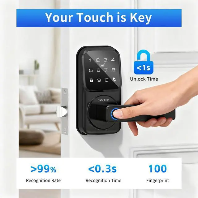 Alt view image 10 of 14 - Smart Door Lock with Handle - Keyless Entry Door Lock for Front Door, Touchscreen Keypad Door Knob Lever Lock, Fingerprint Door Handle Lock, Auto Lock, App Control, Easy Installation