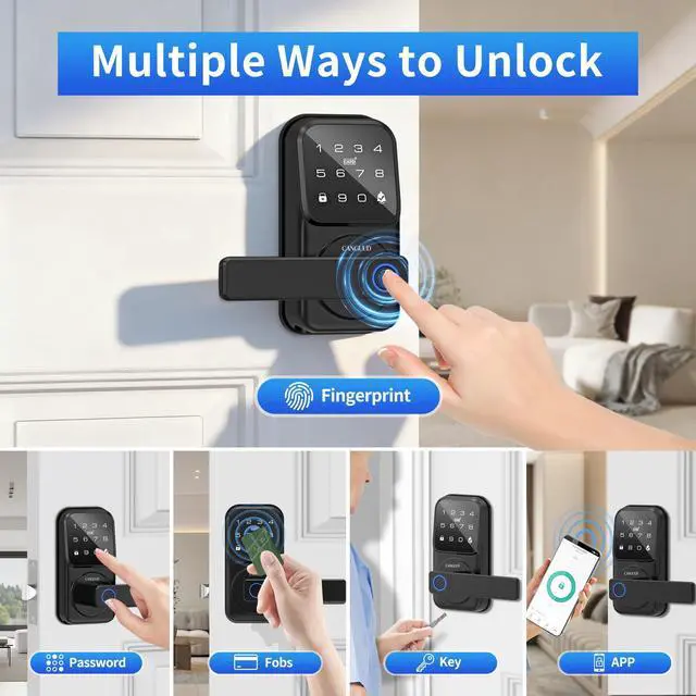 Alt view image 9 of 14 - Smart Door Lock with Handle - Keyless Entry Door Lock for Front Door, Touchscreen Keypad Door Knob Lever Lock, Fingerprint Door Handle Lock, Auto Lock, App Control, Easy Installation