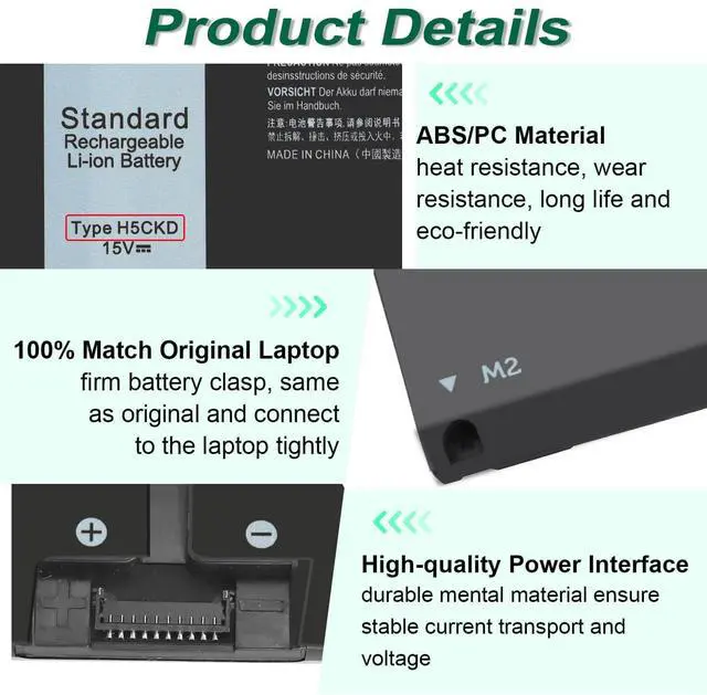 Alt view image 10 of 10 - 53Wh H5CKD 15V Battery Replacement for Dell Inspiron 5400 5406 7405 7300 7306 7500 7506 2-in-1 Silver 5300 5301 5401 5402 5408 5409 5501 5502 5508 5509 Series Latitude 3410 3510 Vostro 5300 5301 7T8CD