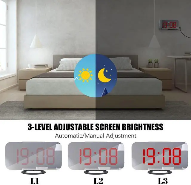 Alt view image 9 of 12 - Digital Alarm Clock, Large Mirrored LED Display, with USB Charger, Snooze Function Dim Mode Wall Hanging Beside Desk Clock for Bedroom