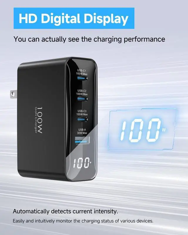 Alt view image 10 of 14 - 100W USB C Charger for MacBook, 4-Port PD Fast USBC Charger with LED Dispay, GaN Compact Foldable Charging Station for MacBook Pro/Air, iPad Pro, for iPhone 17/16 Pro Max, Galaxy S25, Black