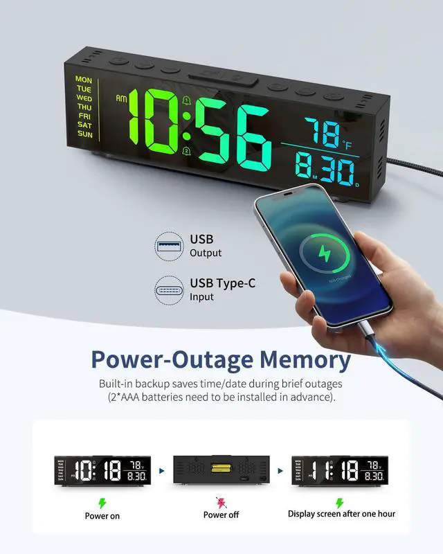 Alt view image 8 of 9 - Digital Clock, Alarm Clock for Bedroom, Digital Wall Clocks for Classroom, Living Room Decor, Desk Clock Large Display, 13 Number Display Colors, 12 Ambient Light Colors, Auto Dimming, DST (Black)