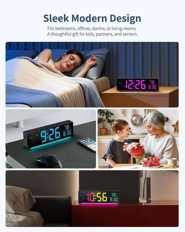 Alt view image 9 of 9 - Digital Clock, Alarm Clock for Bedroom, Digital Wall Clocks for Classroom, Living Room Decor, Desk Clock Large Display, 13 Number Display Colors, 12 Ambient Light Colors, Auto Dimming, DST (Black)