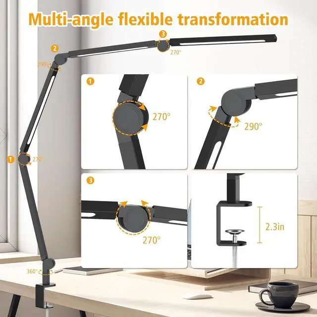 Alt view image 14 of 14 - Bright LED Desk Lamp with Clamp,Eye Caring Architect Led Desk Lights with Adjustable Swing Arm for Office Home,Dimming and Tempering Led Table Light