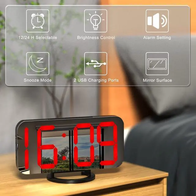 Alt view image 12 of 12 - Digital Alarm Clock, Large Mirrored LED Display, with USB Charger, Snooze Function Dim Mode Wall Hanging Beside Desk Clock for Bedroom