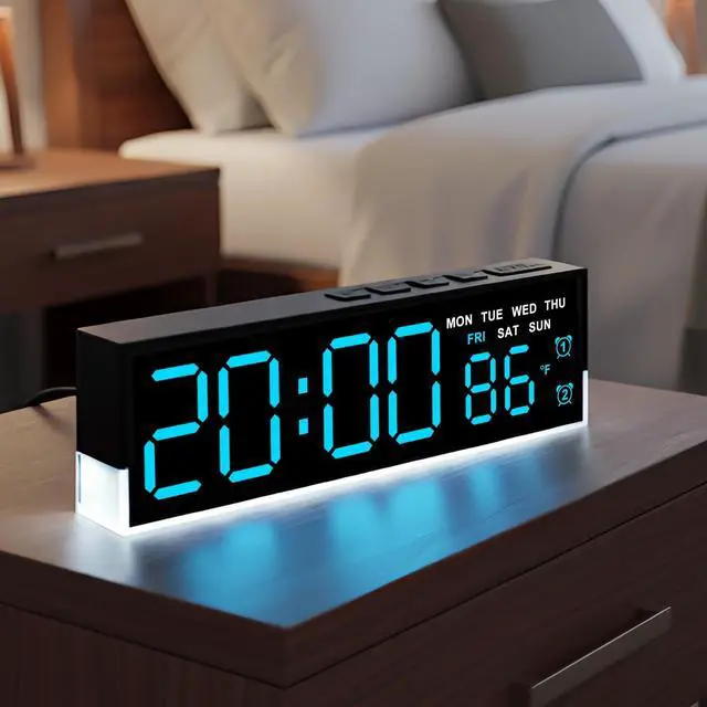 Alt view image 8 of 13 - 7 Inch LED Digital Alarm Clock with Dual Alarms & Bottom GlowDisplays Time, Date, Day, Temperature3-Level Auto/Manual Brightness, DST, USB or Battery Powered Modern Desk Clock (Blue)