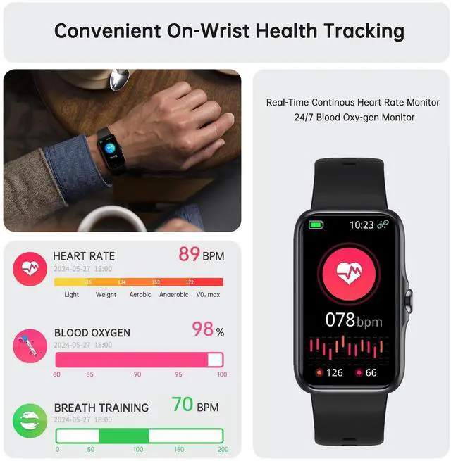 Alt view image 9 of 14 - Health Fitness Tracker, Smart Watch with 24/7 Heart Rate and Blood Oxy-gen Monitor, Sleep Tracker with IP68 Waterproof, Activity Tracker Pedometer Step Counter for Women Men (Black)