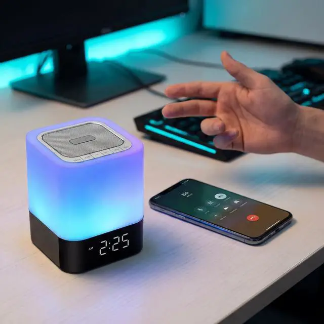 Alt view image 13 of 13 - Night Lights Bluetooth Speaker, Alarm Clock Bluetooth Speakers Touch Sensor Bedside Lamp Dimmable Multi-Color Changing Bedside Lamp, MP3 Player, Wireless with Lights