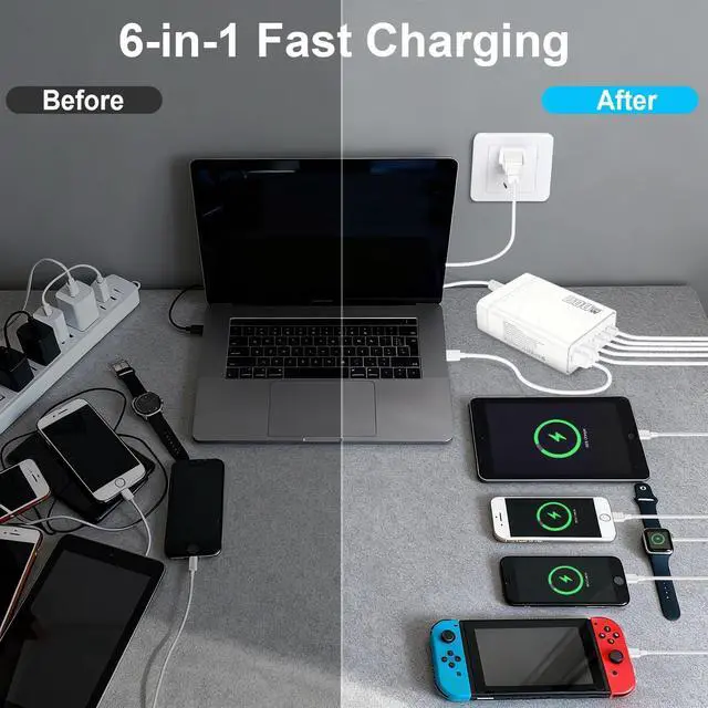 Alt view image 11 of 14 - 200W USB C Fast Charger, GaN PD 100W Charging Station, Upgraded 6-Port USB-C Fast Charging, Adapter for iPad iPhone 17 16 15 14 12, MacBook Pro, Samsung Galaxy