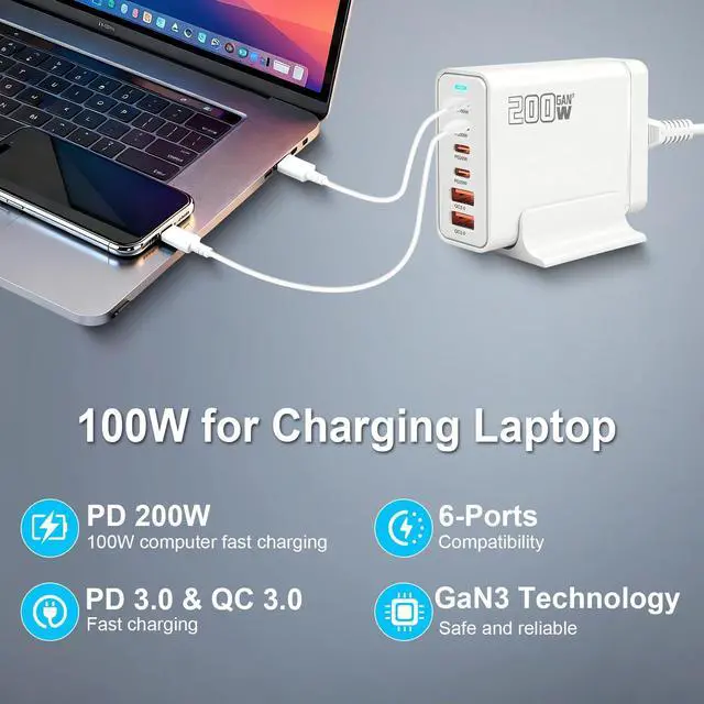 Alt view image 13 of 14 - 200W USB C Fast Charger, GaN PD 100W Charging Station, Upgraded 6-Port USB-C Fast Charging, Adapter for iPad iPhone 17 16 15 14 12, MacBook Pro, Samsung Galaxy