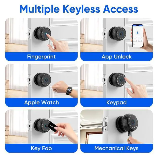 Alt view image 9 of 14 - Smart Door Knob Fingerprint Door Lock with Keypad, Keyless Entry Deadbolt for Front Door, Smart Auto Lock Deadbolt with Phone/Watch App Control, Biometric Fingerprint Gate Knob with 6 Ways to Unlock