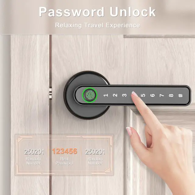 Alt view image 10 of 14 - Fingerprint Door Handle for Bedrooms - 191F 3-in-1 Fingerprint Door Lock with Keypad, Fingerprint Door Knob for Bedroom with Key, Keyless Entry Door Handle - Black