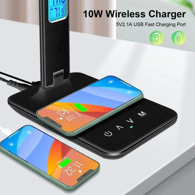Alt view image 11 of 13 - Desk Light with Wireless Charger, USB Charging Port, Dimmable Office Desk Lamp with Clock, Alarm, Date, Temperature, Foldable Lamp for Table Bedroom Bedside Office
