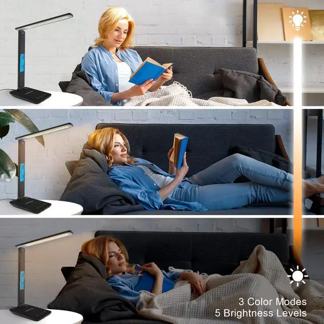 Alt view image 10 of 13 - Desk Light with Wireless Charger, USB Charging Port, Dimmable Office Desk Lamp with Clock, Alarm, Date, Temperature, Foldable Lamp for Table Bedroom Bedside Office