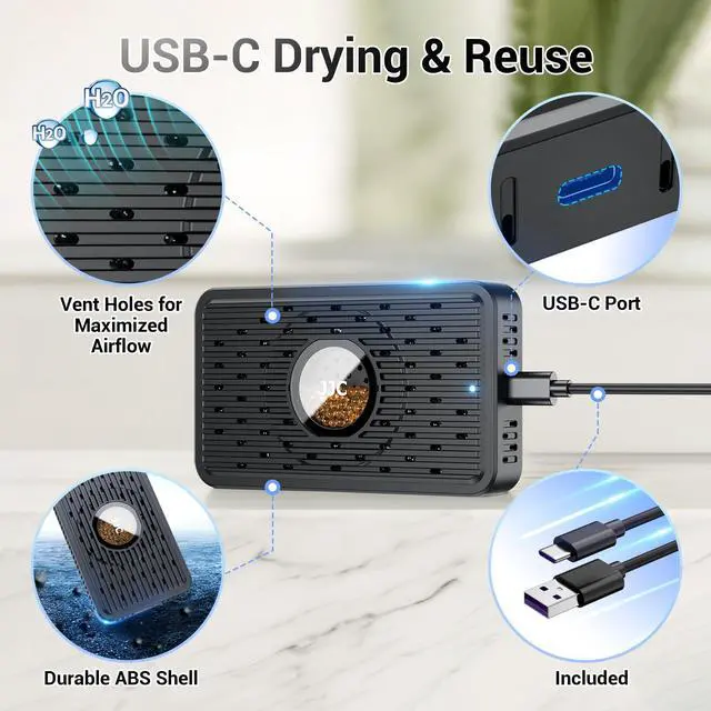 Alt view image 10 of 11 - Auto Power-off USB C Rechargeable Gun Safe Dehumidifier Desiccant,Small Reusable Moisture Absorber Silica Gel Packets for 3D Printer Bathroom Bedroom Basement RV Closet Cabinet Windowsill Tent - White