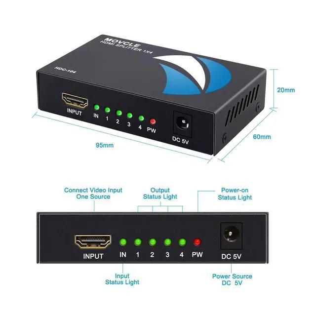 Alt view image 12 of 14 - HDMI Splitter 1 in 4 out Full Ultra HD 1080P 4K/2K 1X4 Port Box Hub with US Adapter v1.4 Powered Certified for 3D Support