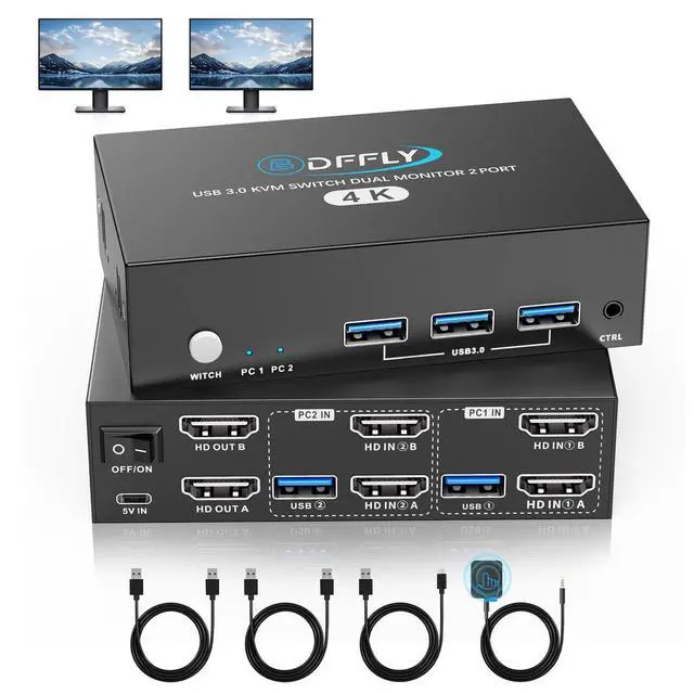 Alt view image 7 of 12 - USB 3.0 HDMI KVM Switch 2 Monitors 2 Computers 4K@60Hz, KVM Switches Dual Monitor with 3 USB 3.0 Ports Sharing Keyboard and Mouse, Printer/Scanner, Desktop Controller, EDID Compatible