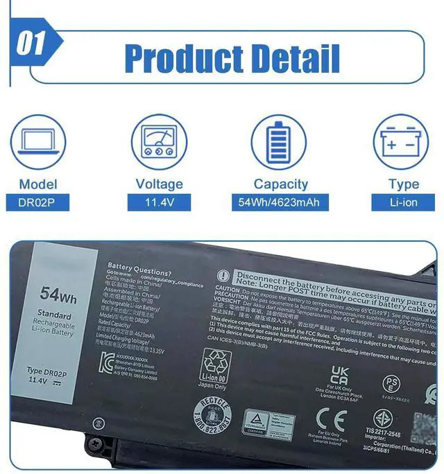 Alt view image 8 of 12 - 54Wh DR02P R73TC Laptop Battery Compatible with Dell Latitude 5550 5540 5450 5440 Precision 3590 3580 3480 3490 Series 2X1V9 02X1V9 803W6 0803W6 11.4V 4623mAh