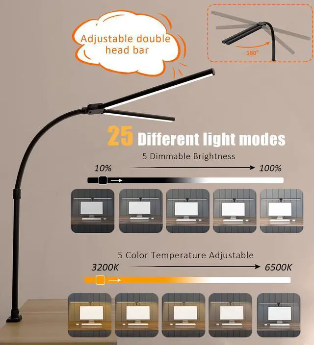 Alt view image 12 of 14 - Double Head LED Desk Lamp, Architect Desk Lamps for Home Office, 24W Brightest Workbench Office Lighting-5 Color Modes and 5 Dimmable Eye Protection Modern Desk Lamp for Monitor Reading