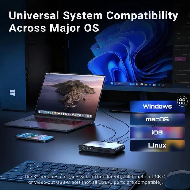 Alt view image 10 of 14 - K1 USB C KVM Switch 1 Monitors 2 Computers, 4K@120Hz HDR, 100W PD 3.0, Dual USB-C Input KVM Switches, Share Keyboard & Mouse, Aluminum Design, Compatible with Windows, Mac, Linux, Android
