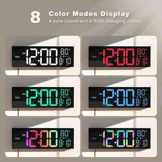 Alt view image 9 of 11 - 16.02'' Large Digital Wall Clock, Big LED Number Dispaly, RGB Colors, DST, Night Light for Classroom Living Room Bedroom Mounted Birthday Xmas Gift for Senior, Mem Womem