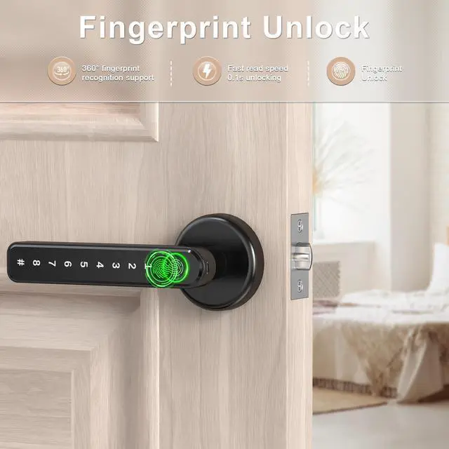 Alt view image 9 of 14 - Fingerprint Door Handle for Bedrooms - 191F 3-in-1 Fingerprint Door Lock with Keypad, Fingerprint Door Knob for Bedroom with Key, Keyless Entry Door Handle - Black