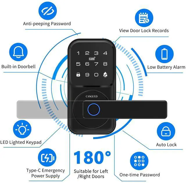 Alt view image 11 of 14 - Smart Door Lock with Handle - Keyless Entry Door Lock for Front Door, Touchscreen Keypad Door Knob Lever Lock, Fingerprint Door Handle Lock, Auto Lock, App Control, Easy Installation
