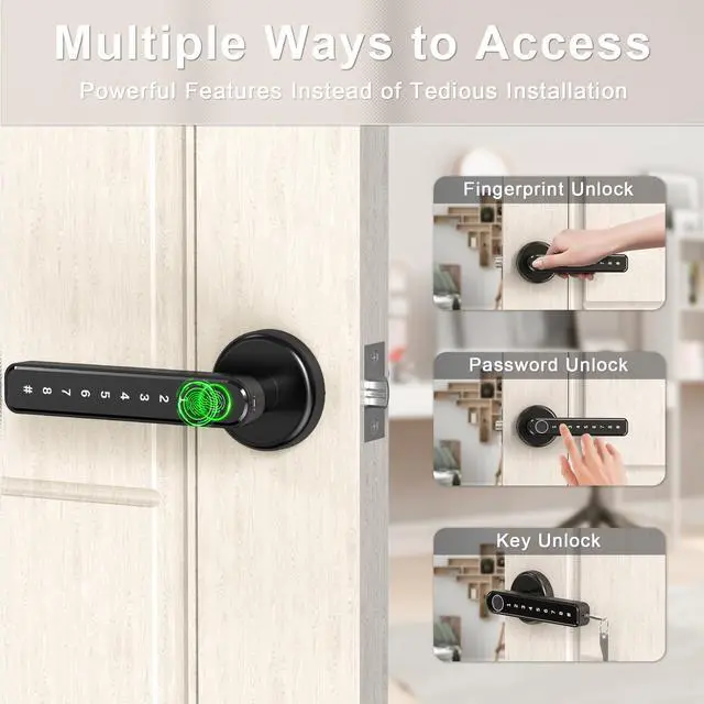 Alt view image 12 of 14 - Fingerprint Door Handle for Bedrooms - 191F 3-in-1 Fingerprint Door Lock with Keypad, Fingerprint Door Knob for Bedroom with Key, Keyless Entry Door Handle - Black