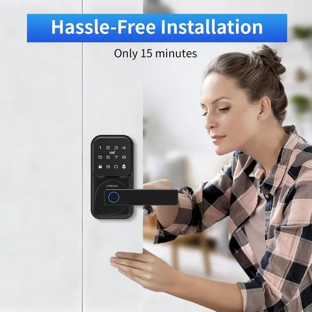 Alt view image 14 of 14 - Smart Door Lock with Handle - Keyless Entry Door Lock for Front Door, Touchscreen Keypad Door Knob Lever Lock, Fingerprint Door Handle Lock, Auto Lock, App Control, Easy Installation
