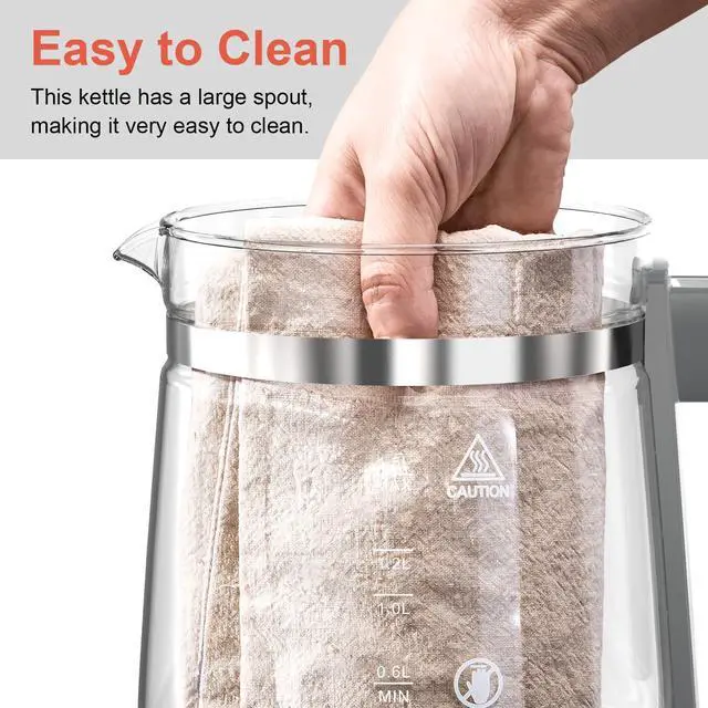 Alt view image 12 of 12 - 1200w Electric Kettle, 1.5L Borosilicate Glass tea kettle, Hot water kettle electric for Coffee or Tea, BPA Free, Auto Shut-Off, Stainless Steel, Fast Boil, White