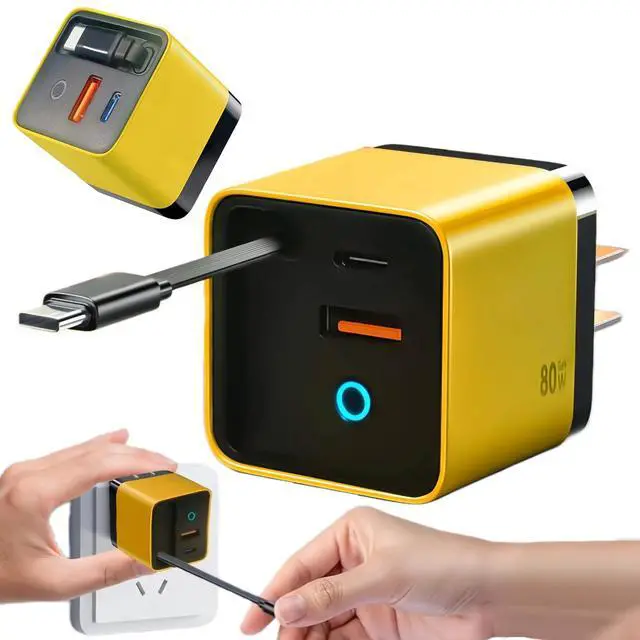 Alt view image 8 of 13 - 3 in 1 GaN Charger,80w Fast Charger Adapter with Type-C Cable & 2 USB Ports,Multi-Functional Retractable All in one Charger for Phone,Tablets,laptops (Yellow)