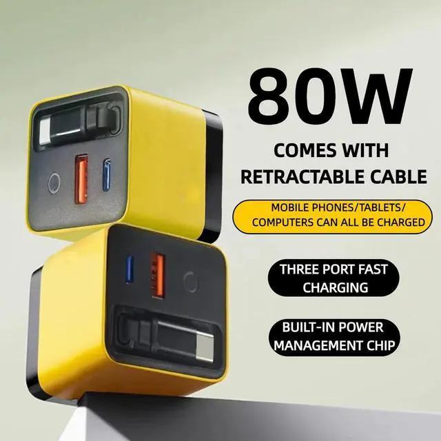 Alt view image 9 of 13 - 3 in 1 GaN Charger,80w Fast Charger Adapter with Type-C Cable & 2 USB Ports,Multi-Functional Retractable All in one Charger for Phone,Tablets,laptops (Yellow)