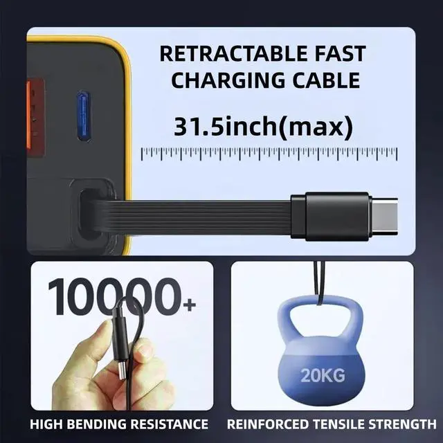 Alt view image 11 of 13 - 3 in 1 GaN Charger,80w Fast Charger Adapter with Type-C Cable & 2 USB Ports,Multi-Functional Retractable All in one Charger for Phone,Tablets,laptops (Yellow)