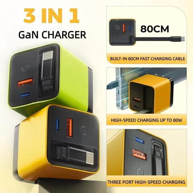 Alt view image 12 of 13 - 3 in 1 GaN Charger,80w Fast Charger Adapter with Type-C Cable & 2 USB Ports,Multi-Functional Retractable All in one Charger for Phone,Tablets,laptops (Yellow)