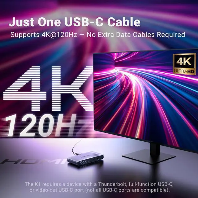 Alt view image 9 of 14 - K1 USB C KVM Switch 1 Monitors 2 Computers, 4K@120Hz HDR, 100W PD 3.0, Dual USB-C Input KVM Switches, Share Keyboard & Mouse, Aluminum Design, Compatible with Windows, Mac, Linux, Android