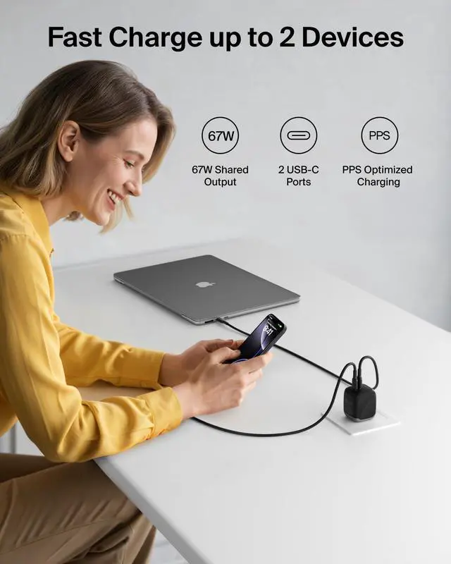 Alt view image 9 of 9 - 2-Port USB C Charger Block 67W, Dual-Port GaN Charger w/ 2X USB C Ports, Fast Charging for MacBook, iPhone 17, iPad Pro, Chromebook, Galaxy S25 Ultra, Pixel 10, & More - Travel Essentials